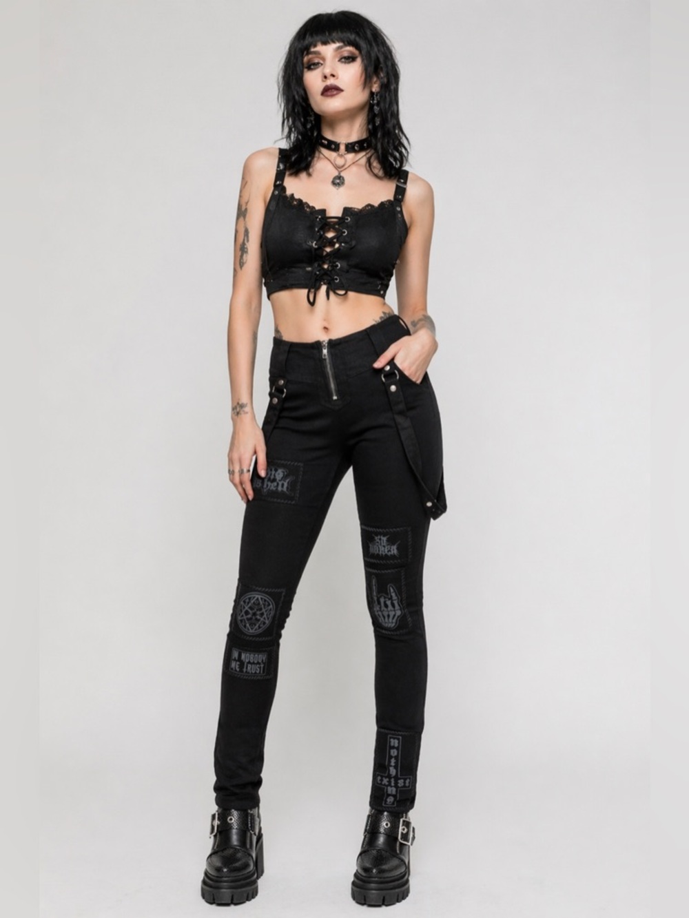 Killstar Toxic City Black Patch Strap Pants Goth Punk Small NWT